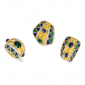 Leo de Vroomen Yellow Gold Emerald, Sapphire & Diamond Enamel Suite